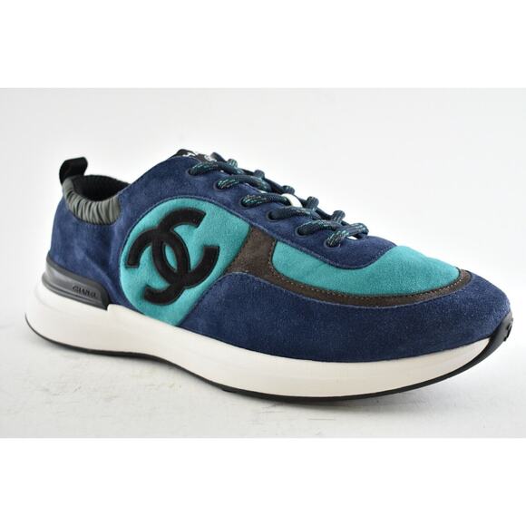 Chanel 21K Mens Green Blue Grey White CC Logo Lace Low Top Trainer Sneaker 44 11 - Picture 3 of 11